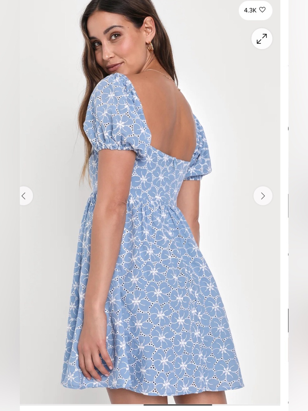 Lulu's Fit to Frolic Blue Eyelet Lace Puff Sleeve Babydoll Dress Sz L - Picture 3 of 9